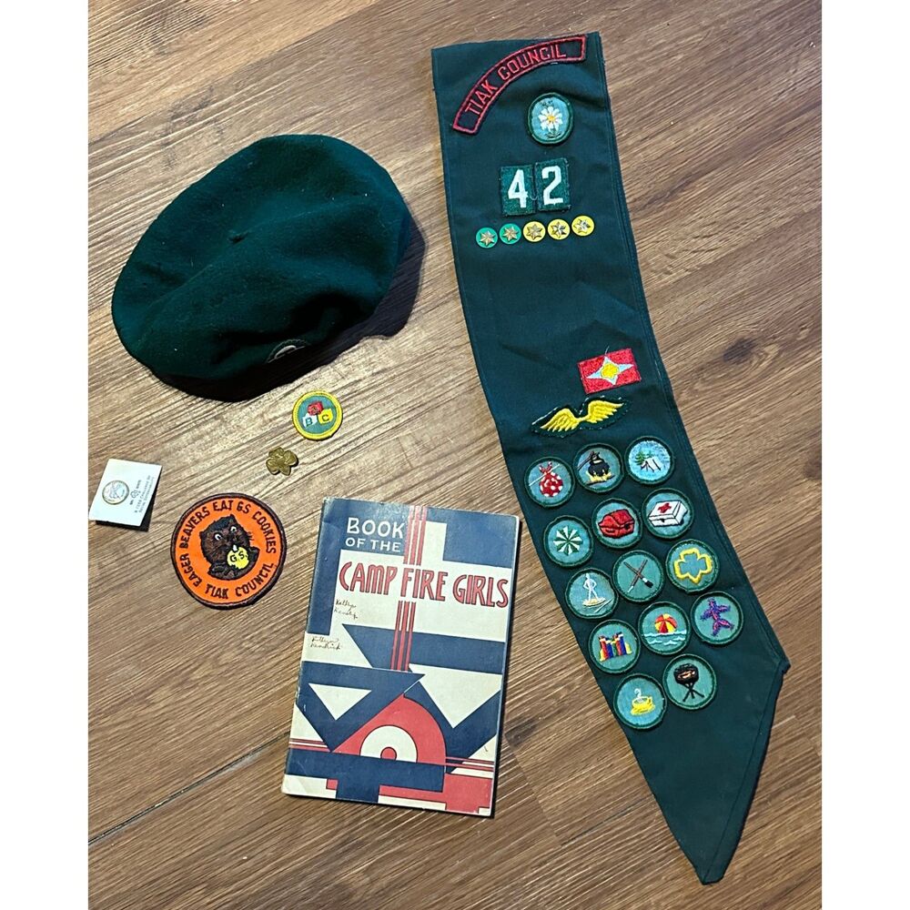Vintage 1940's Camp Fire Girls Lot - Sash with Badges, 1948 Book, Pins, Beret